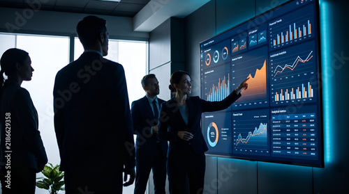 Corporate executives analyzing data dashboard on a large screen in a modern office meeting room