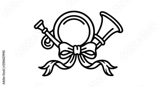 Vintage Hunting Horn with Ribbon Bow Isolated Outline Graphic
