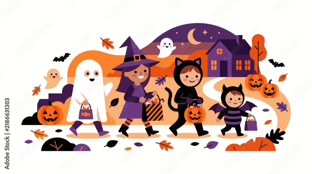 Naklejka premium Children Dressed in Cute Costumes Trick or Treating on a Magical Halloween Night