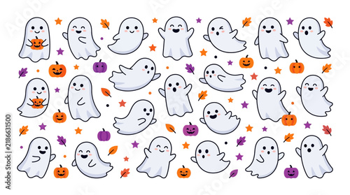 Cute Halloween Ghost Pattern with Playful Spooky Spirits and Decorative Pumpkins