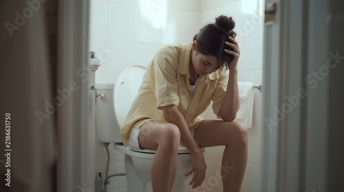 unhappy thoughtful woman looks away sits on toilet bowl suffers from constipation spends much time in lavatory wears lace blue panties has frustrated expression while peeing