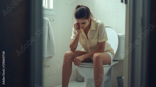 unhappy thoughtful woman looks away sits on toilet bowl suffers from constipation spends much time in lavatory wears lace blue panties has frustrated expression while peeing