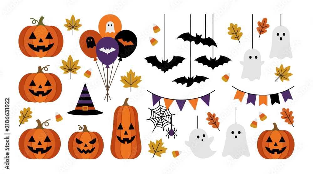 Fototapeta premium Decorative Halloween Collection Featuring Jack O Lanterns Ghosts And Bats Elements