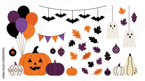Festive Halloween Decorative Collection Featuring Pumpkins Bats and Autumn Leaves