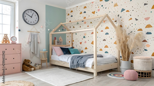 Whimsical Modern Kids Room with Terrazzo Wallpaper and Pink Arched Niche