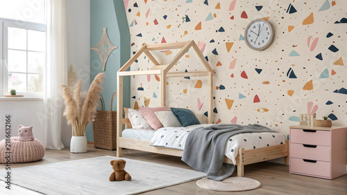 Symmetrical Kids Interior with Plush Teddy Bear and Arched Window Light