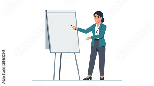 A professional businesswoman presenting information on a blank flipchart whiteboard during a corporate business meeting or training session illustration.
