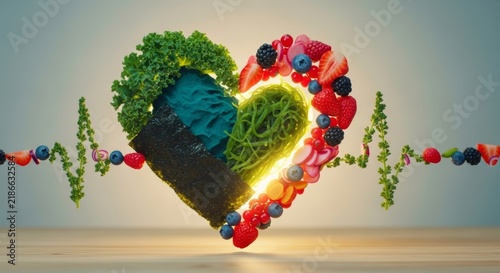 A heart shape made of various fruits and vegetables, symbolizing health and nutrition. The design includes greens, berries, and a heartbeat line.