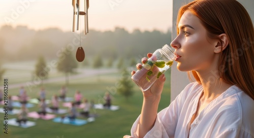 A young Caucasian woman with long red hair drinks a refreshing beverage. In the background, a group of people practice yoga outdoors during sunset.