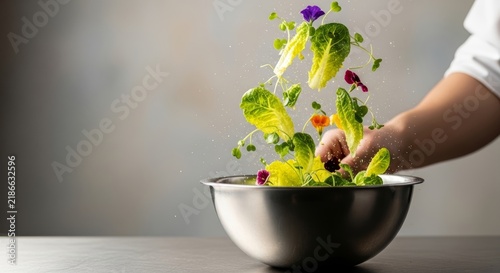 A hand adds fresh greens and colorful edible flowers to a stainless steel bowl. The scene emphasizes healthy cooking and vibrant ingredients.