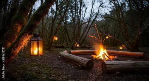 A cozy campfire surrounded by logs in a forest. A lantern illuminates the scene as dusk settles in. Trees frame the area, creating a serene atmosphere.