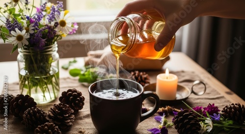 A hand pours honey into a steaming cup of tea. The scene includes a candle, pine cones, and a vase of flowers on a wooden table.