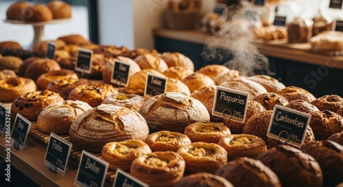 A variety of freshly baked bread rolls and pastries displayed on a wooden counter. Labels indicate different types of bread. Warm lighting enhances the inviting atmosphere.