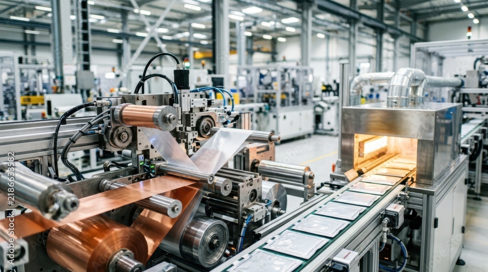 Fototapeta premium Automated battery cell line with electrode rolls, separator film, drying ovens and sealed modules