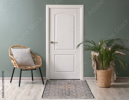 a white door is open to a room with a rug and a plant