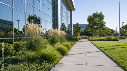 Office Exterior Surrounded by Green Lawn and Carefully Planted Borders