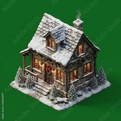 Isometric Christmas Village Cottage with Snow Covered Roof Illustration