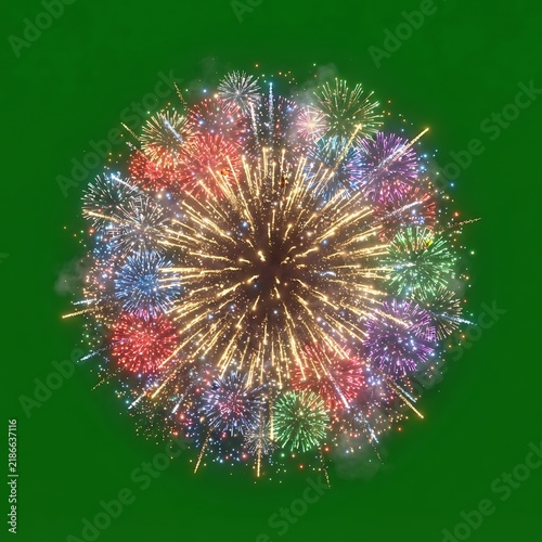 Colorful Fireworks Burst Isometric Icon Isolated on Green Background