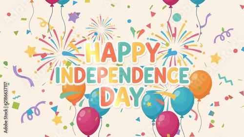 Happy Independence Day Celebration with Balloons, Confetti, and Fireworks