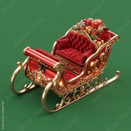 Festive Red and Gold Santa Claus Sleigh with Christmas Presents 3D Illustration