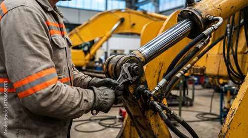 A mechanic wearing workwear and gloves uses an adjustable wrench to repair heavy machinery in a workshop.