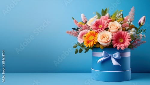 bouquet of flowers in a blue box on a blue background