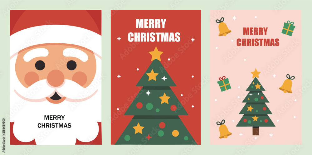 Fototapeta premium Set of three festive merry christmas greeting card designs featuring santa claus and decorated evergreen pine trees