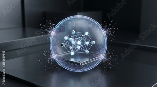 Plakat Glowing molecular structure inside a hexagonal sphere