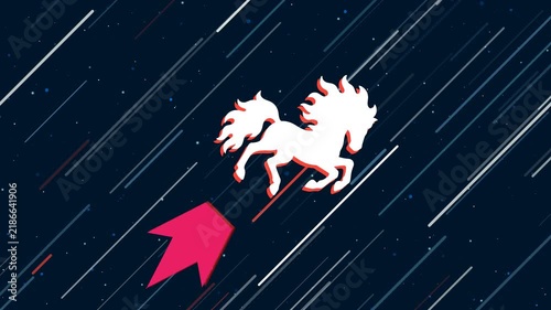 Fiery horse symbol flies through the universe on a jet propulsion. The symbol in the center is shaking due to high speed. Seamless looped 4k animation on dark blue background with stars