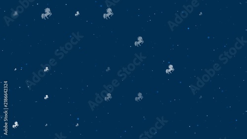 Template animation of evenly spaced fiery horse symbols of different sizes and opacity. Animation of transparency and size. Seamless looped 4k animation on dark blue background with stars