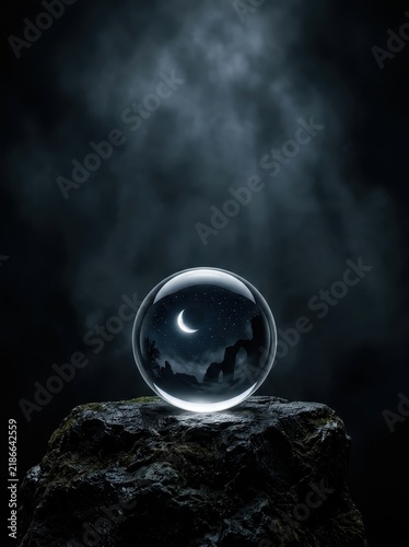 Mystical glowing crystal ball resting on a dark, textured rock, reflecting a starry night sky with a crescent moon and