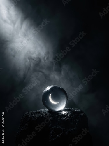 Mystical crescent moon illuminated within a crystal ball placed on a dark, textured stone, enveloped in atmospheric smoke and dramatic