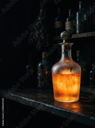 Mysterious antique decanter filled with glowing amber liquid, set against a dark background with shelves of vintage apothecary bottles and