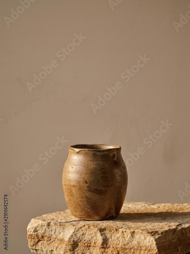Rustic handcrafted ceramic pottery vase with organic texture, displaying subtle glaze variations and artisanal imperfections, placed on a rough textured