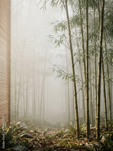 Serene bamboo forest shrouded in ethereal mist, with sunlight gently filtering through the tall, slender stalks and lush undergrowth, creating