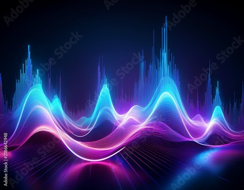 a dynamic and colorful abstract visualization of a sound wave featuring pulsing neon lights in blue and purple against a dark background