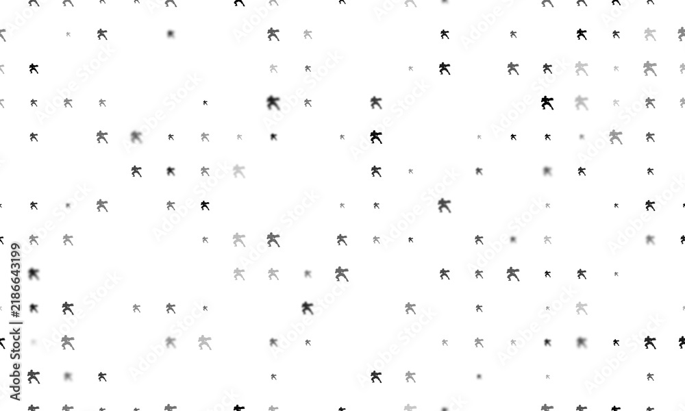 Obraz premium Seamless background pattern of evenly spaced black combat robots of different sizes and opacity. Illustration on transparent background