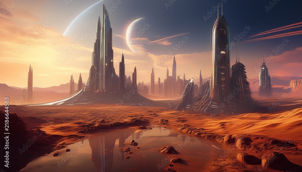 Naklejka premium futuristic city ascending hopeful skyline rising from barren wasteland