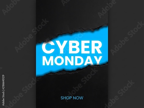 Cyber monday torn paper sale banner with vibrant blue background