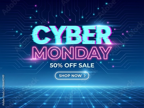 Cyber monday sale banner with neon futuristic style