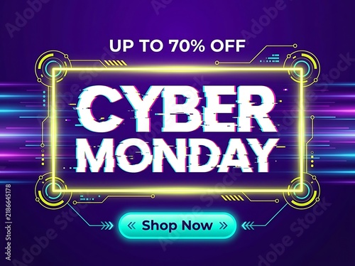 Cyber monday sale banner with glitch effect and neon frame