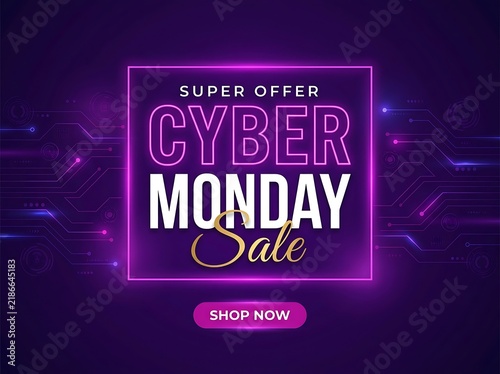 Cyber monday sale neon banner design template with futuristic background vector
