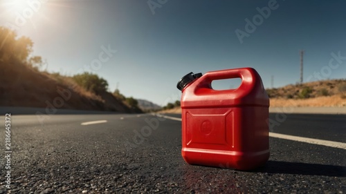 Red plastic gas can sitting on an empty asphalt highway under bright sunlight, out of fuel travel emergency concept