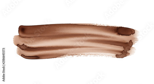 A single horizontal brush stroke of warm brown paint with visible texture, uneven edges, and varying opacity, presented on a clean white background isolated on a transparent background