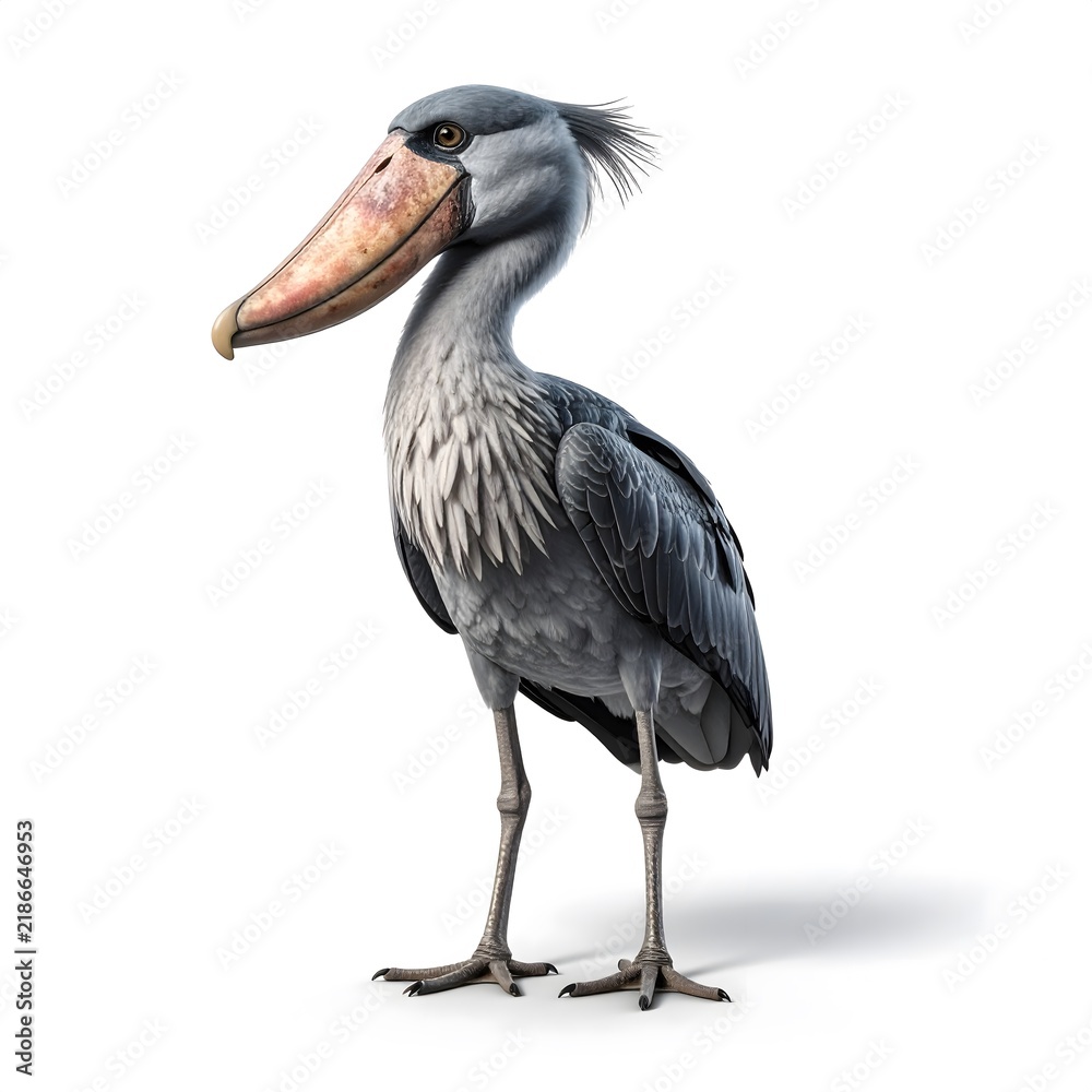 Fototapeta premium Close Up Portrait of Shoebill Stork Bird with Massive Shoe Shaped Bill Isolated on White Background