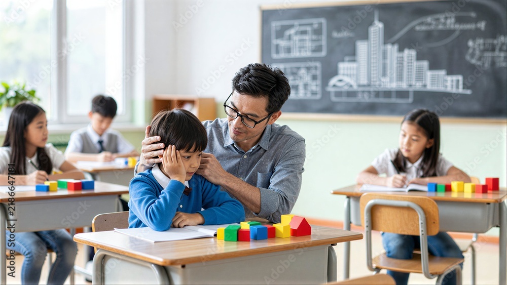 Obraz premium Teacher gently guides student with colorful blocks in bright classroom setting.