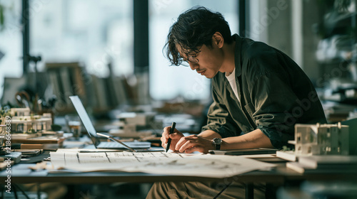 設計事務所で図面を作成する設計士の知的なビジネスシーン