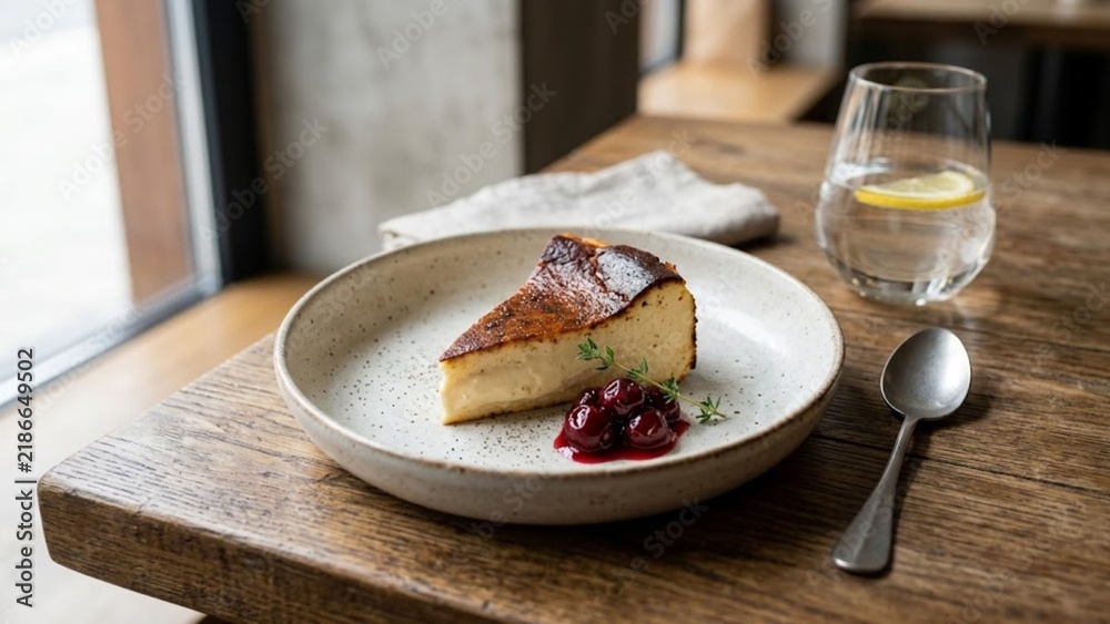 Obraz premium Slice of San Sebastian Basque Burnt Cheesecake with Berry Compote on Ceramic Plate - 1
