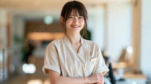 清潔な院内で微笑む看護師のプロフィール向けポートレート