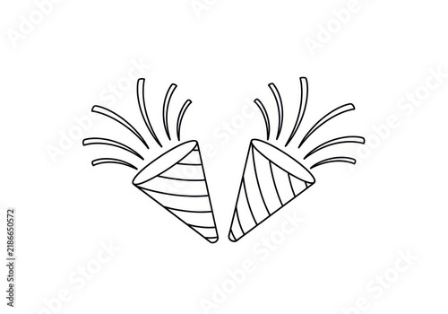 Two party poppers with colorful confetti bursting out in a simple line art style